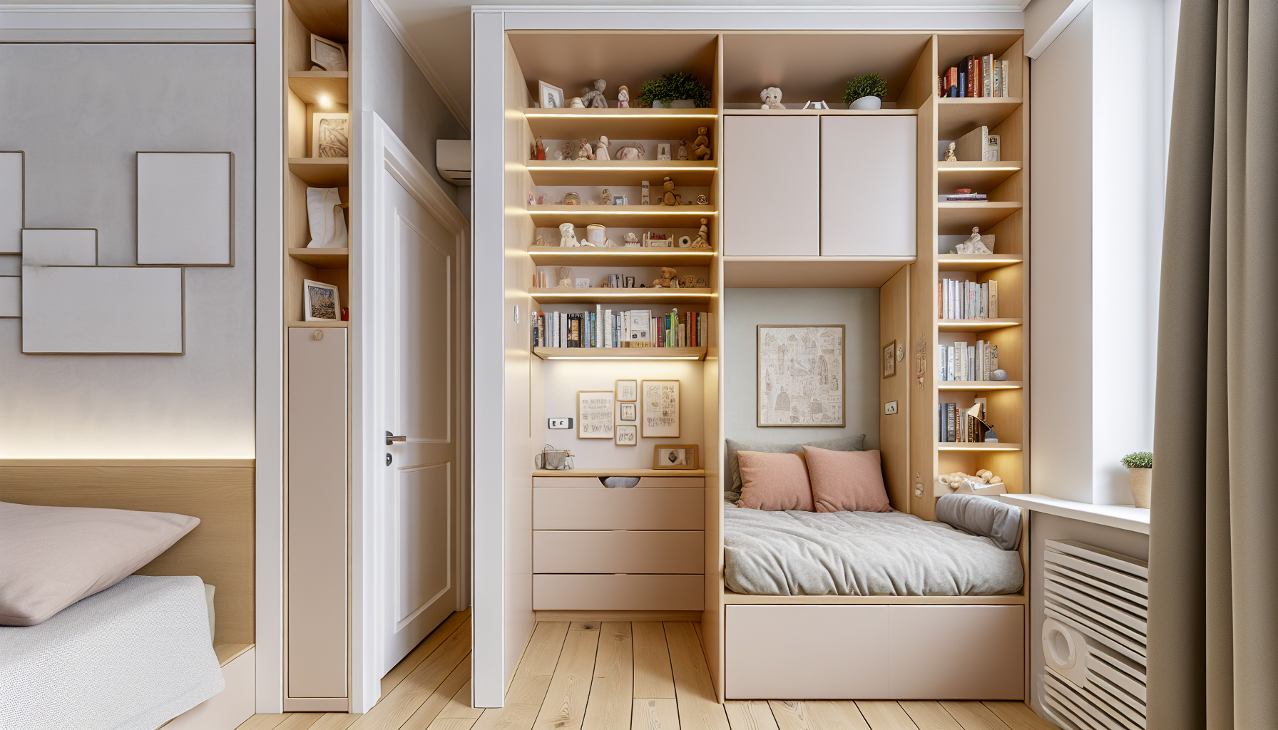 Inteligentne rozwiązania do przechowywania dla małych sypialni z otwartymi półkami i wbudowanymi narożnikami przy łóżkach