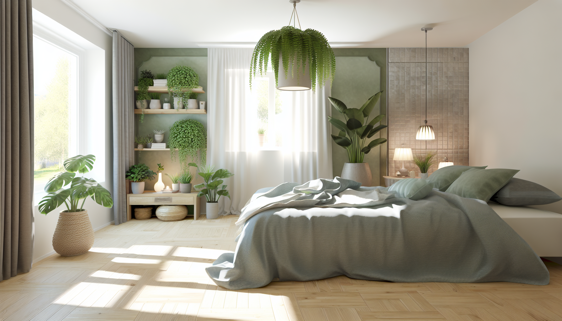 Spokojna sypialnia z roślinami i kojącymi zapachami tworzącymi relaksującą atmosferę