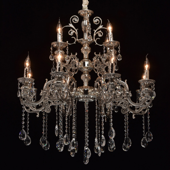 Bardzo duży, misternie zdobiony żyrandol srebrny na 12 żarówek Selena MW-LIGHT