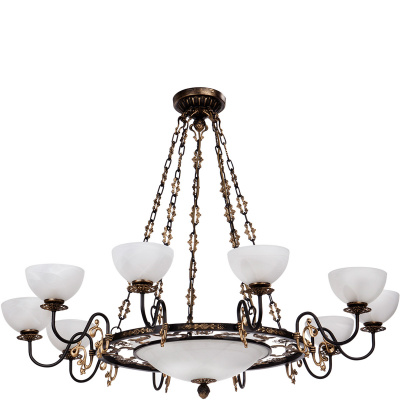 Bardzo duży żyrandol na 13 żarówek, białe klosze, złocone elementy Vitaluce VE2020/10+3