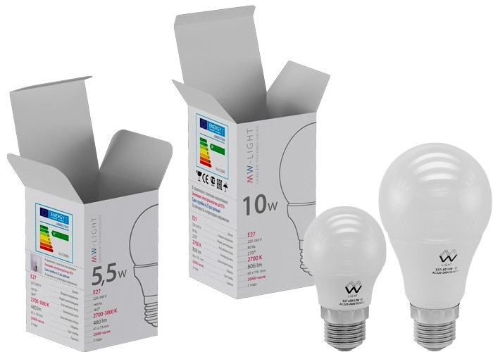Etykiety żarówek LED, 2700 K, 2700-3000K, 480 lumenów, 806 lumeny, moc żarówki