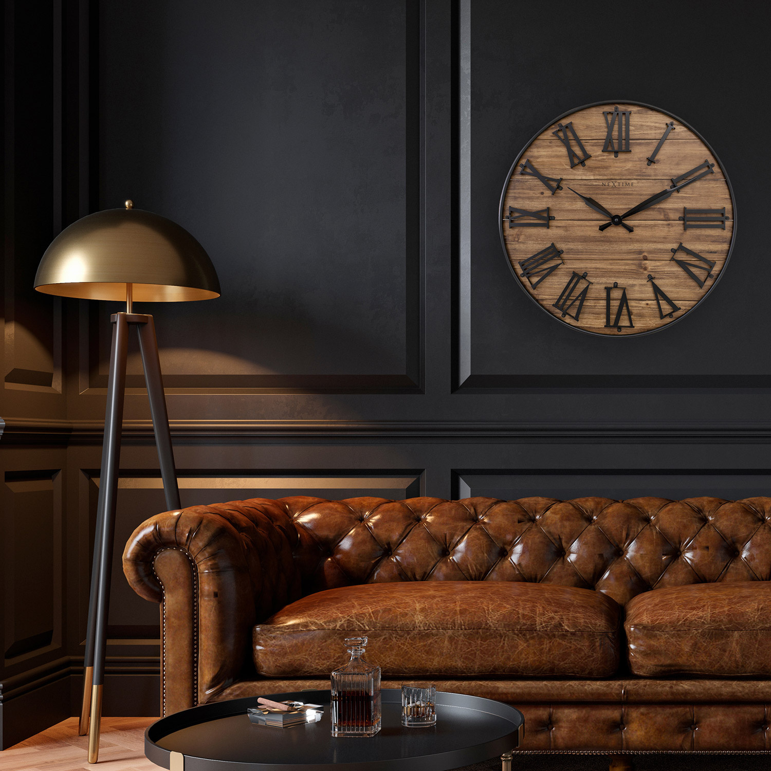 drewniany zegar z cyframi rzymskimi pasujący do loftowego wnętrza; średnica 50 cm; idealny produkt na prezent