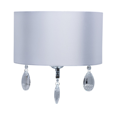 Elegancka lampa ścienna, chromowana z białym abażurem i kryształowymi kroplami 454021401