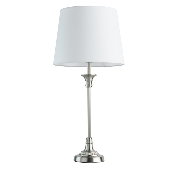 Elegancka lampka stołowa, satynowa, srebrna i biały klosz MW-LIGHT Elegance