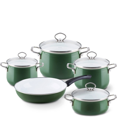 Garnki i patelnia zielone, emaliowane porcelaną Riess Verde 5-części R-0558-013