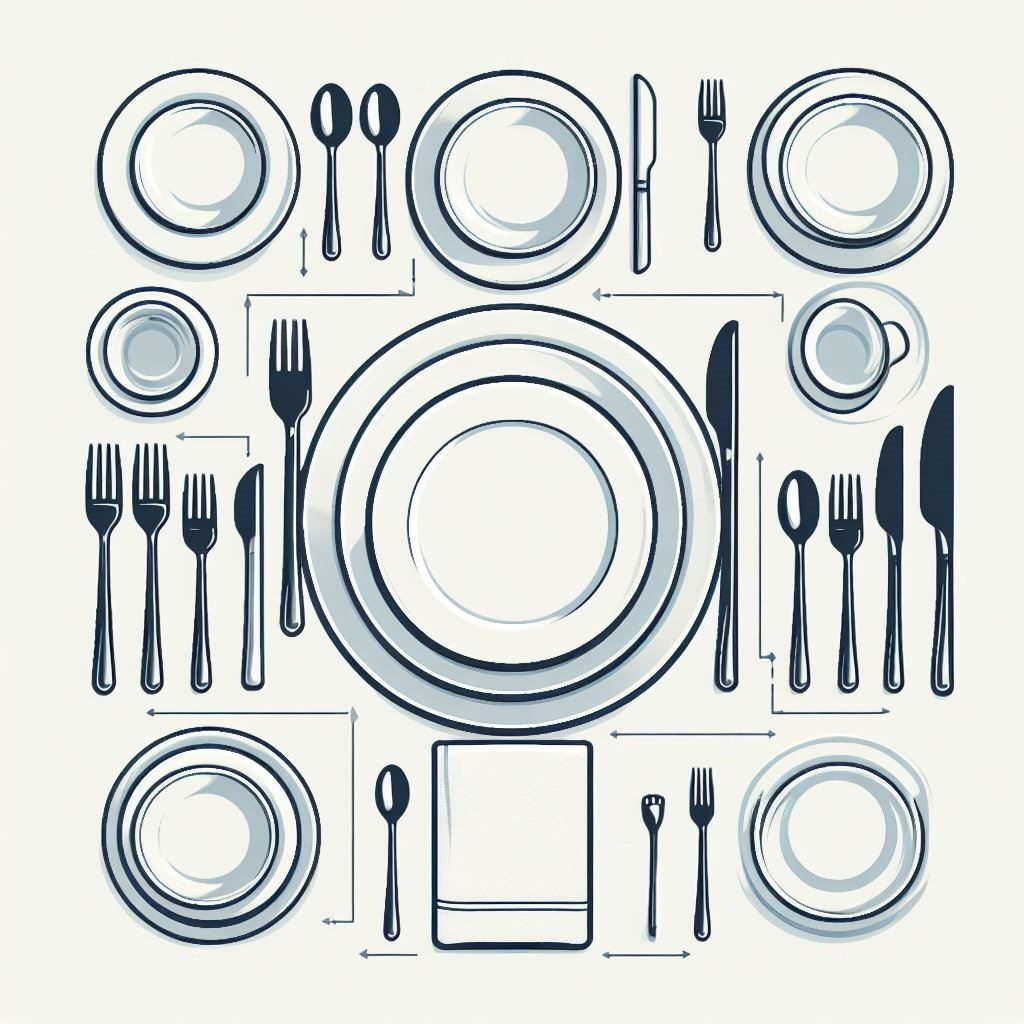 Jak ułożyć sztućce na stole - schemat grafika, przykładowe nakrycie stołum schemat, grafika, przykładowe nakrycie stołu