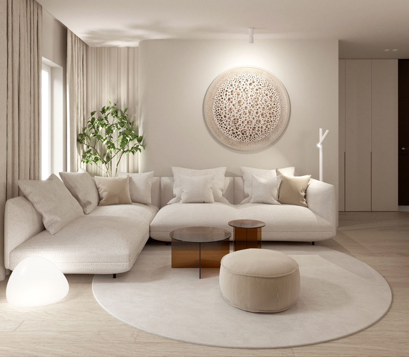 	wizualizacja salonu w stylu ciepłego minimalizmu, jasna kolorystyka, obłe kształty, roślinność, nastrojowe światło, projekt Estilo Design