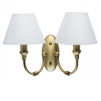 Kinkiet 2-ramienny z antycznego mosiądzu i białymi abażurami MW-LIGHT Classic 614021802