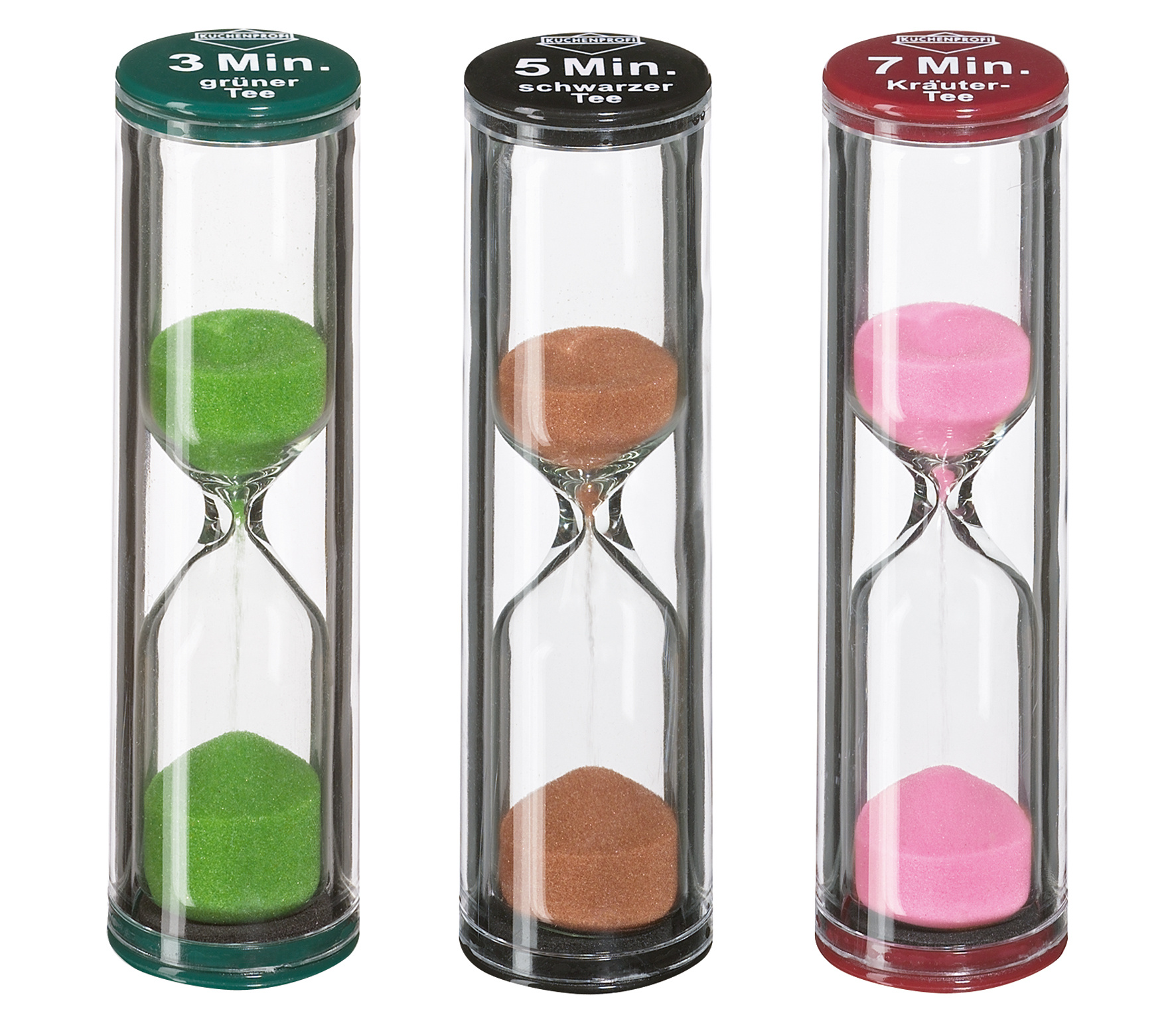 Klepsydra zdjęcie. Zestaw trzech klepsydr w różnych kolorach. Każdy kolor odmierza inną liczbę minut. 