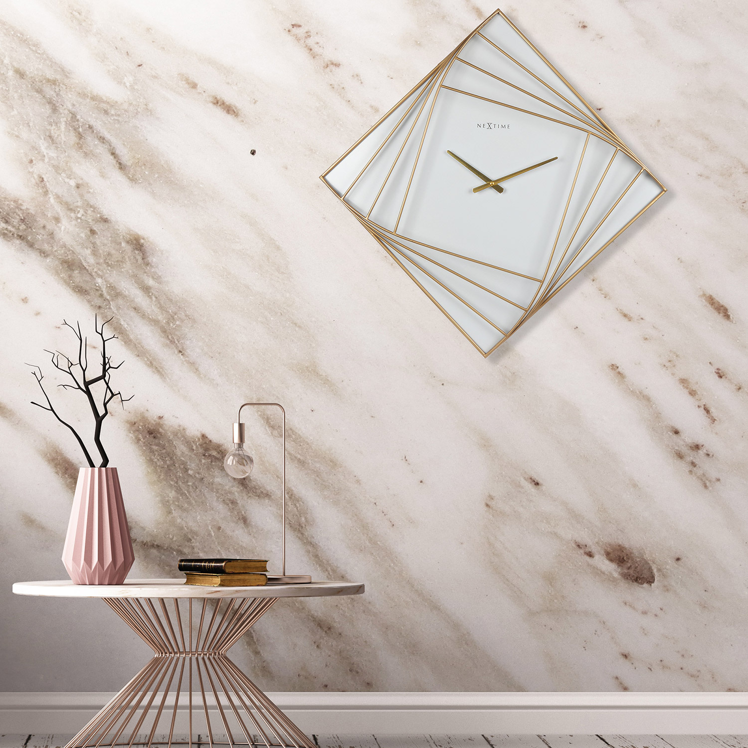 Kwadratowy zegar na ścianę do salonu Nextime 85 cm, wzory geometryczne