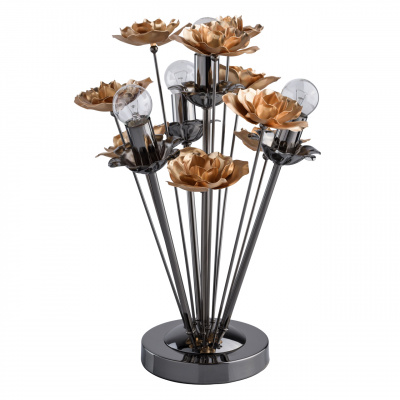 Kwiatowa lampa stołowa, złote róże, chromowana na czarno podstawa MW-LIGHT Flora 615031304