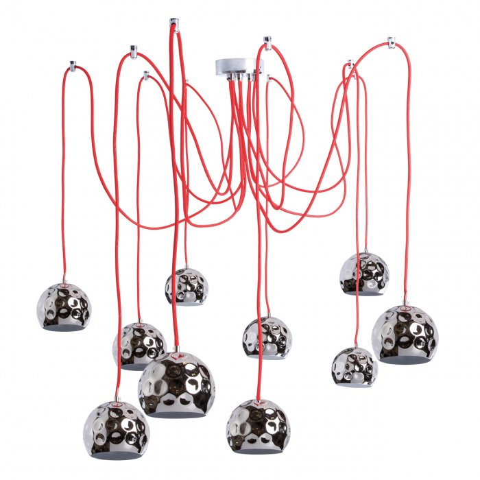 Lampa pająk, czerwone przewody, chromowane kule MW-LIGHT Megapolis