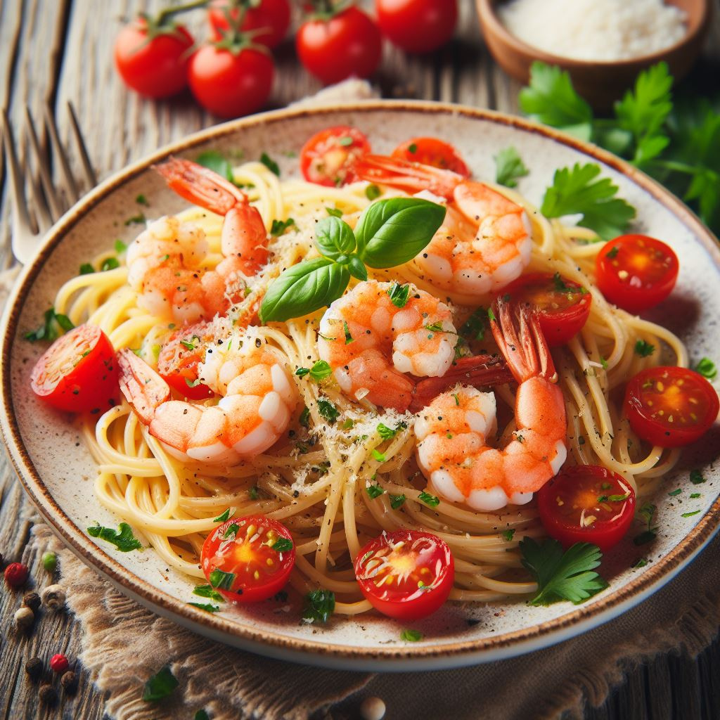 makaron z krewetkami i pomidorami koktajlowymi - przepis