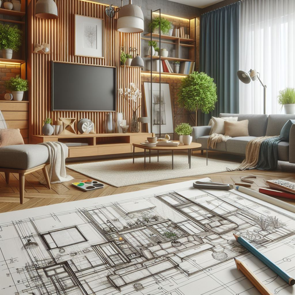 projekt salonu, lamele na ścianie, ścianka z telewizorem, zegar w salonie