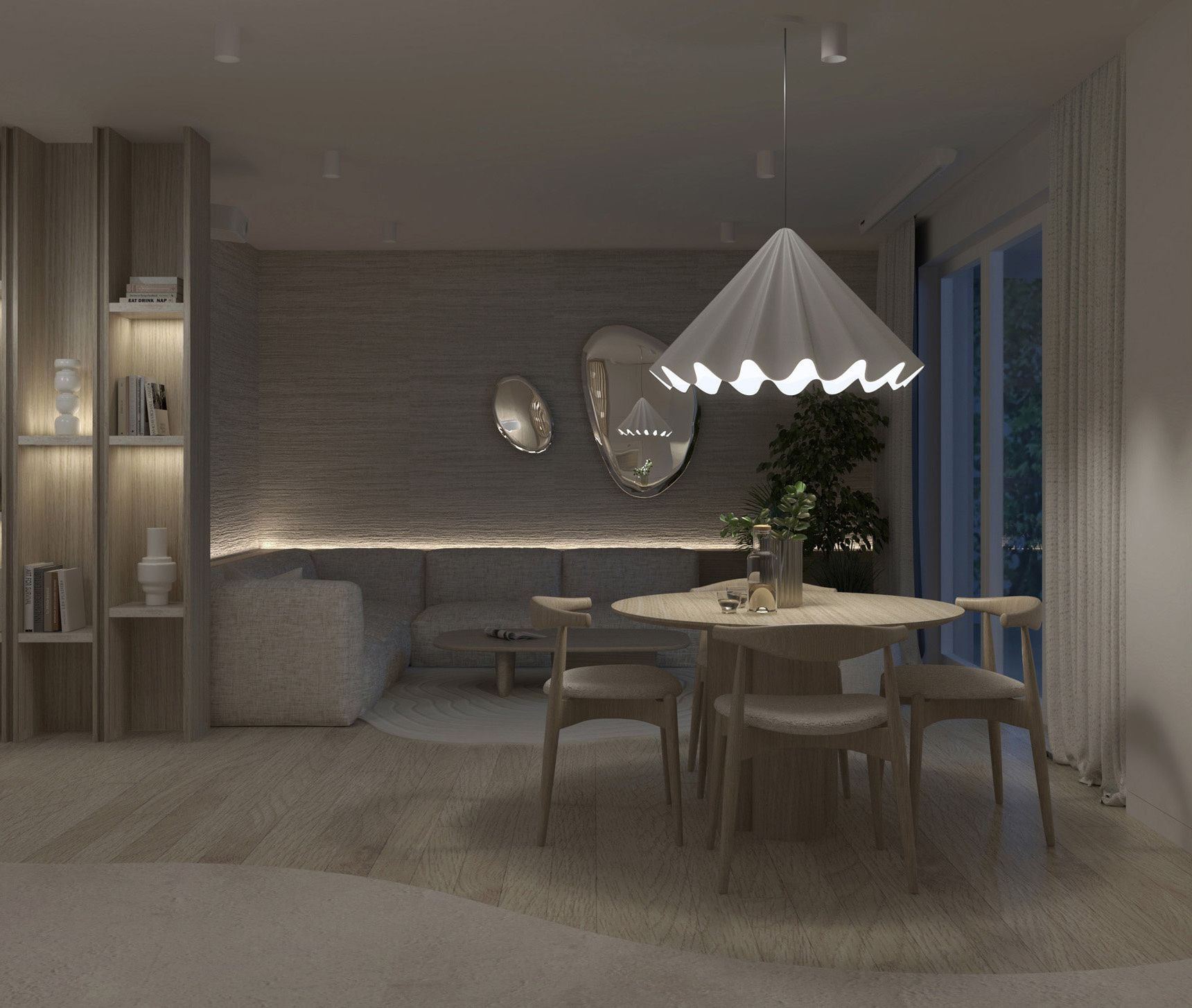 wizualizacja salonu w wieczornej porze przy ciepłym nastrojowym oświetleniu, widok na stół i sofą w tle, styl ciepłego minimalizmu i japandi, projekt Estilo Design