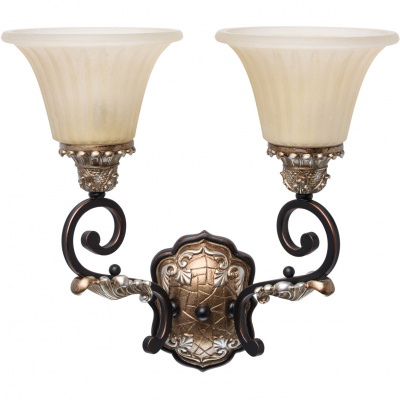 Rustykalny, podwójny kinkiet, złoty, beżowe klosze szklane CHIARO Country 254022202