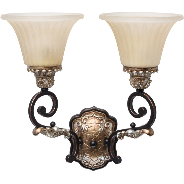 Rustykalny, podwójny kinkiet, złoty, beżowe klosze szklane CHIARO Country