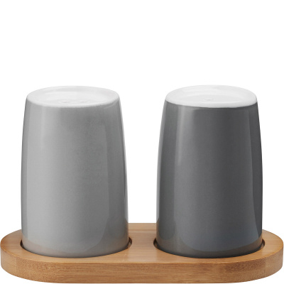 Solniczka i pieprzniczka na bambusowej podstawce Emma Stelton szare X-215-5