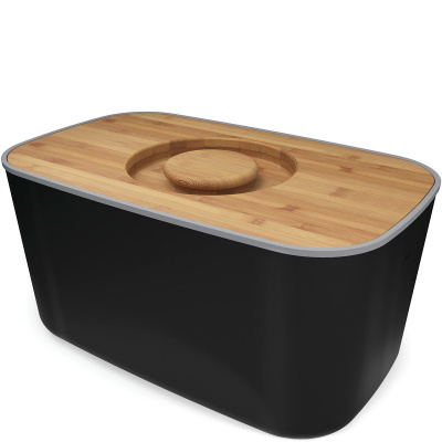 Stalowy chlebak z bambusową deską do krojenia Joseph Joseph czarny 80045