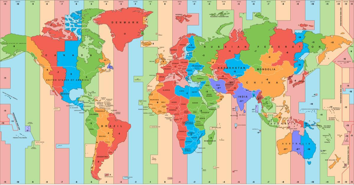 Mapa stref czasowych - strefa czasowa utc - podział na półkuli północnej i południowej