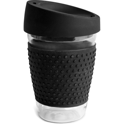Szklany kubek do kawy z silikonową opaską i wieczkiem Sagaform czarny SF-5017714