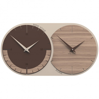 Zegar ścienny - 2 strefy czasowe World Clock CalleaDesign orzech włoski 12-009-85