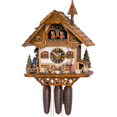 Zegar z kukułką 8-dniowy, kozy, dzwonnica, tancerze, koło młyńskie Hones 39 cm HS-8643T