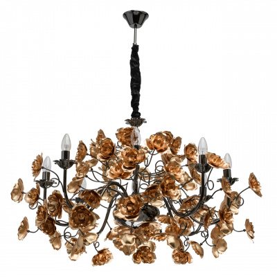 Żyrandol 8-ramienny, złote kwiaty, podstawa czarny chrom MW-LIGHT Flora 615011708