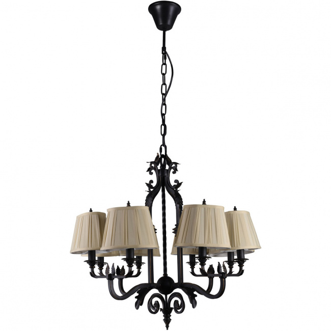 Żyrandol antyczny styl, kuty metal, beżowe abażury Victoria CHIARO Country