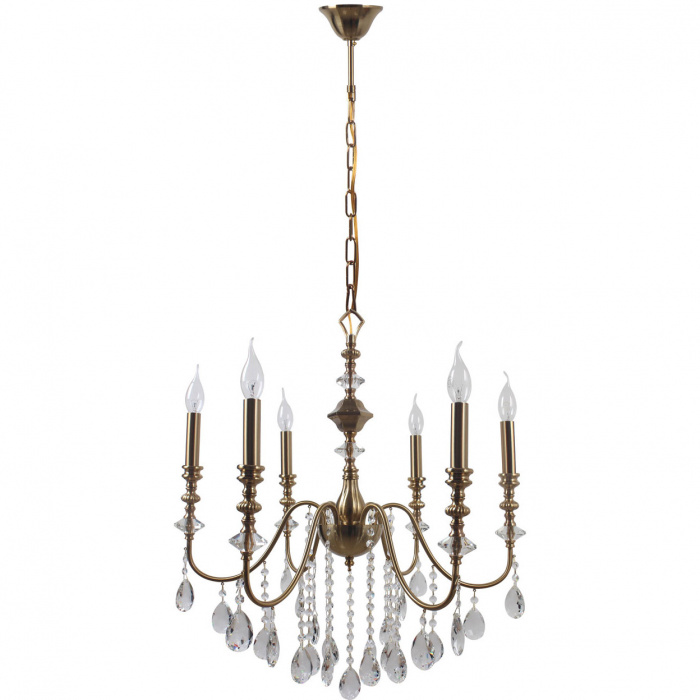 Żyrandol mosiężny kolor, na 6 żarówek, duże kryształy