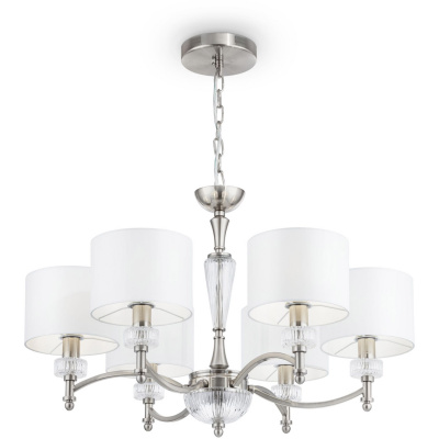 Żyrandol z białymi abażurami i szklanymi dekoracjami, niklowany Alicante Maytoni MOD014CL-06N