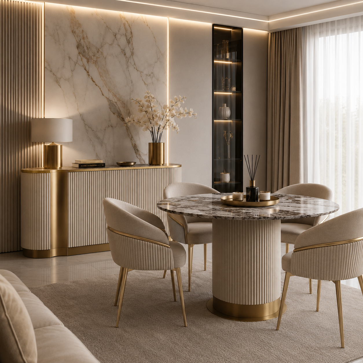 aranzacja kaszmirowych mebli ryflowanych w salonie luxury kolekcja Nutris Premium Glamour