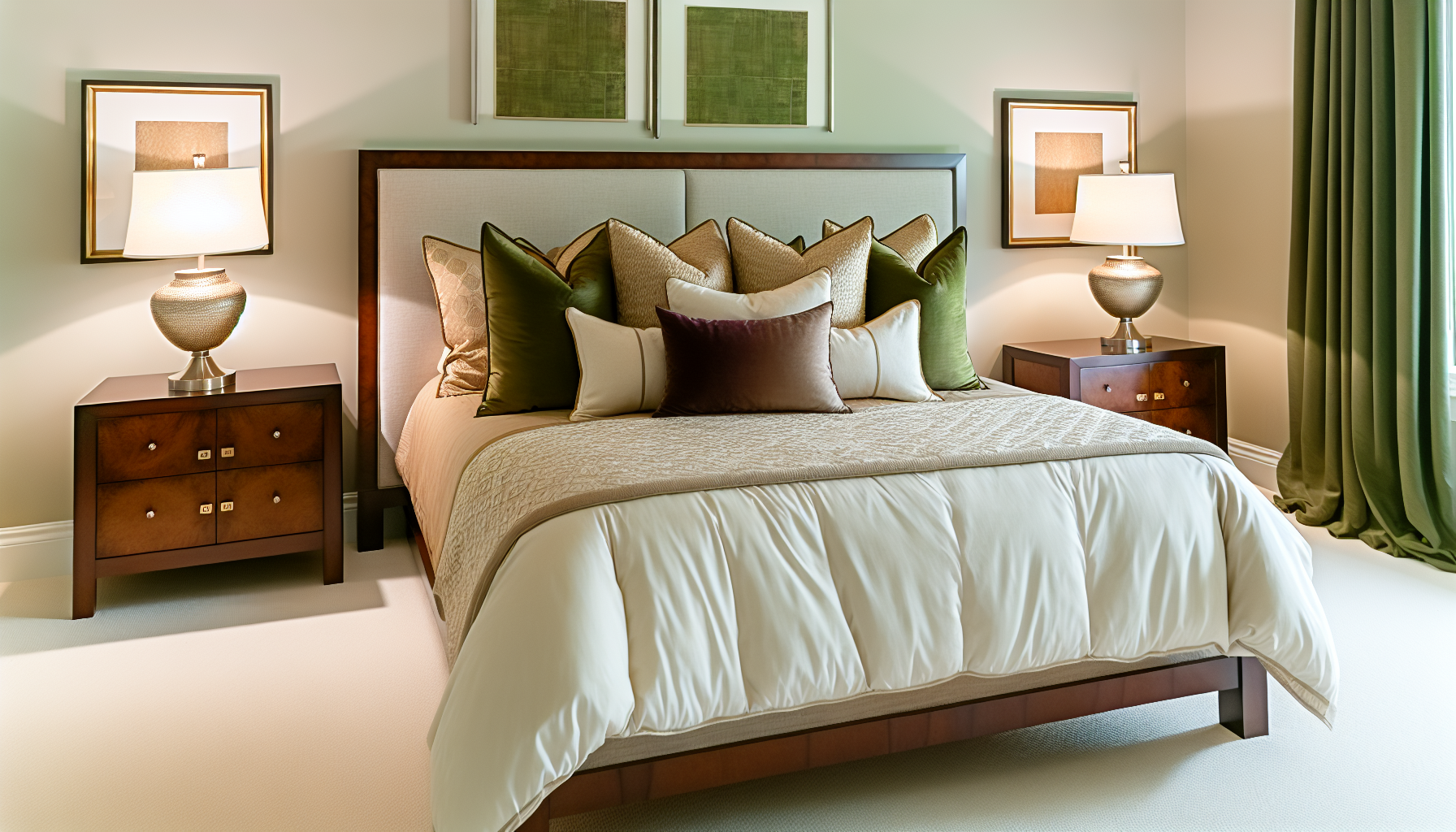 Eleganckie łóżko z dopasowanymi szafkami nocnymi i poduszkami stanowiącymi centralny punkt sypialni
